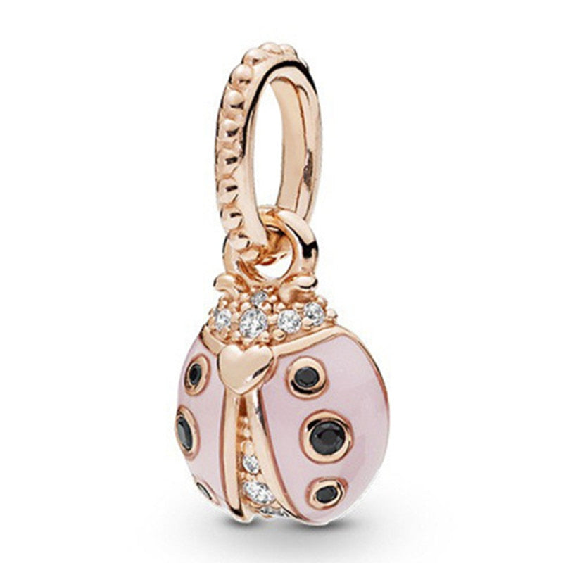 Pink Color Crystal Beads Heart Ladybug Love Flower Pendant Bracelet DIY Charm Lady Jewelry Gift