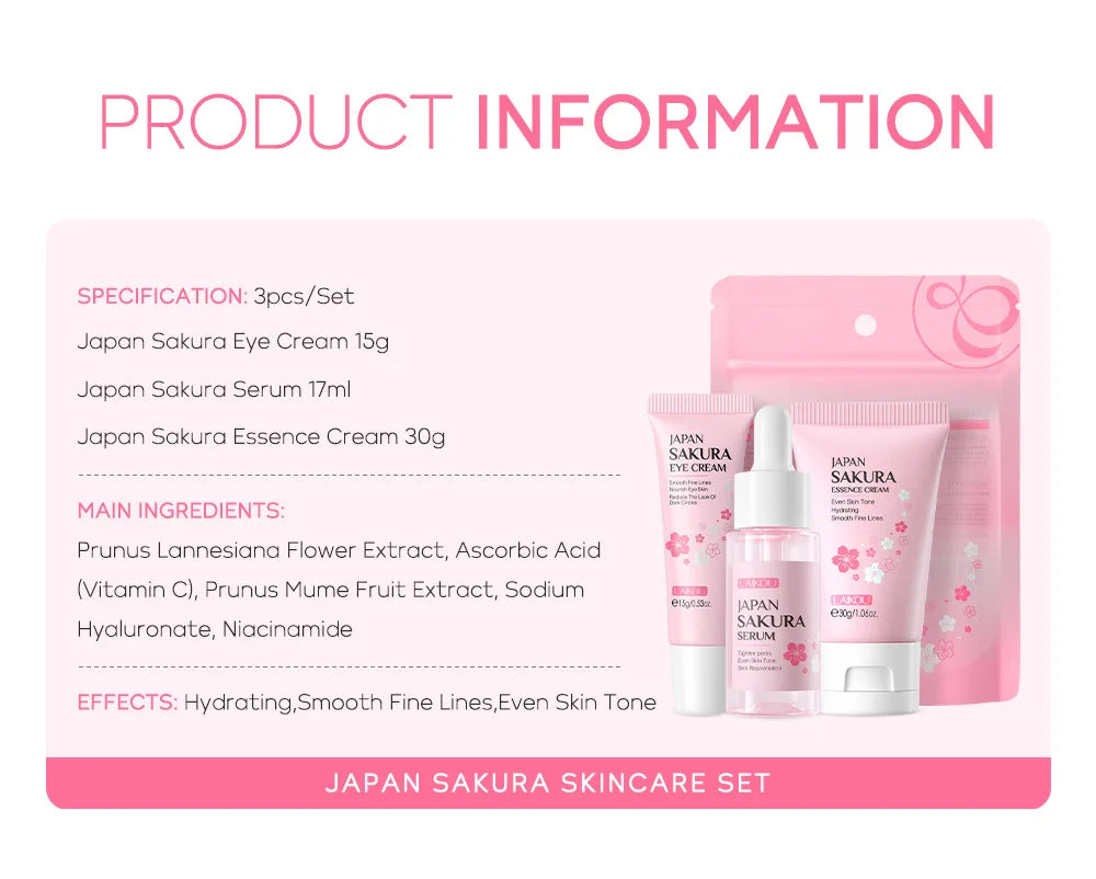 3pcs/set LAIKOU Vitamin C 24K Golden Sakura Skin Care Sets Face Cream Serum Eye Cream Moisturizing Face Care Kit