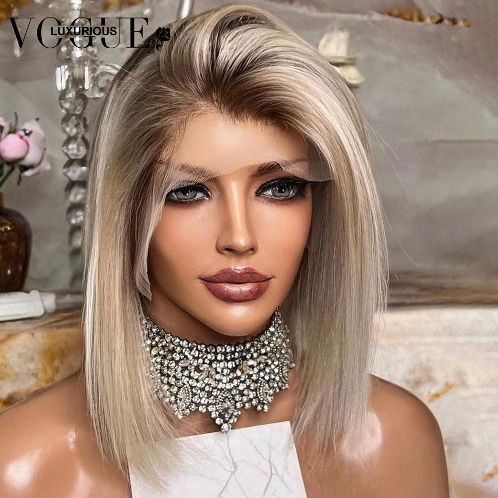 200% Density Ombre Ash Blonde Lace Front Wig Human Hair Remy Short Straight Bob Wig 613 HD Lace Frontal Wig 13x6 13x4 Swiss Lace