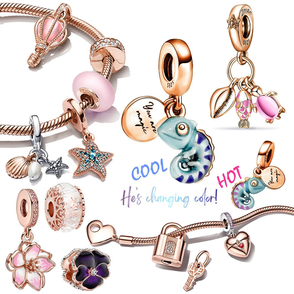New 925 Sterling Silver Rose Gold Couple Dangle Charms Fit 925 Original Women Bracelet Beads Charm for Pendant Necklace Jewelry