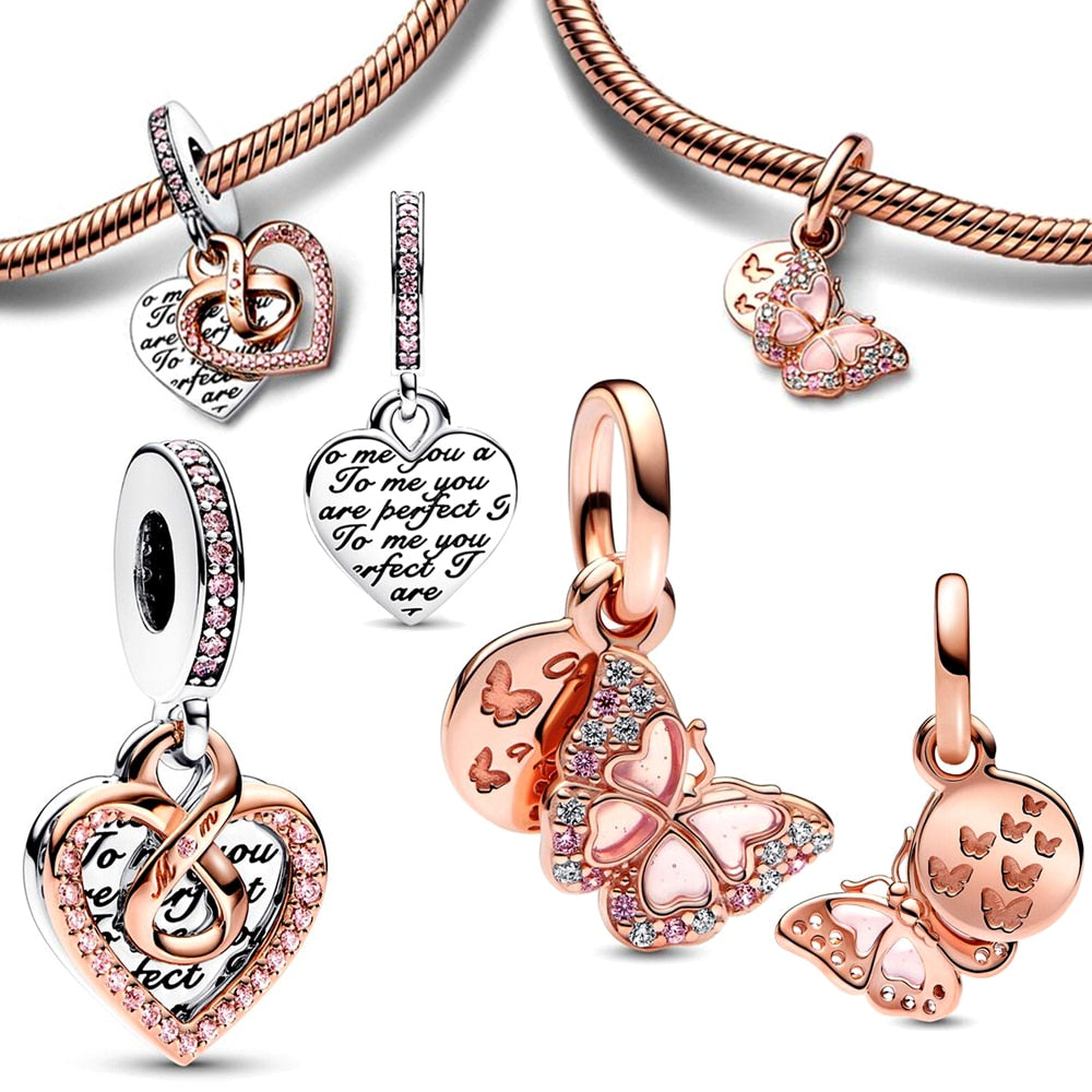 New 925 Sterling Silver Rose Gold Couple Dangle Charms Fit 925 Original Women Bracelet Beads Charm for Pendant Necklace Jewelry