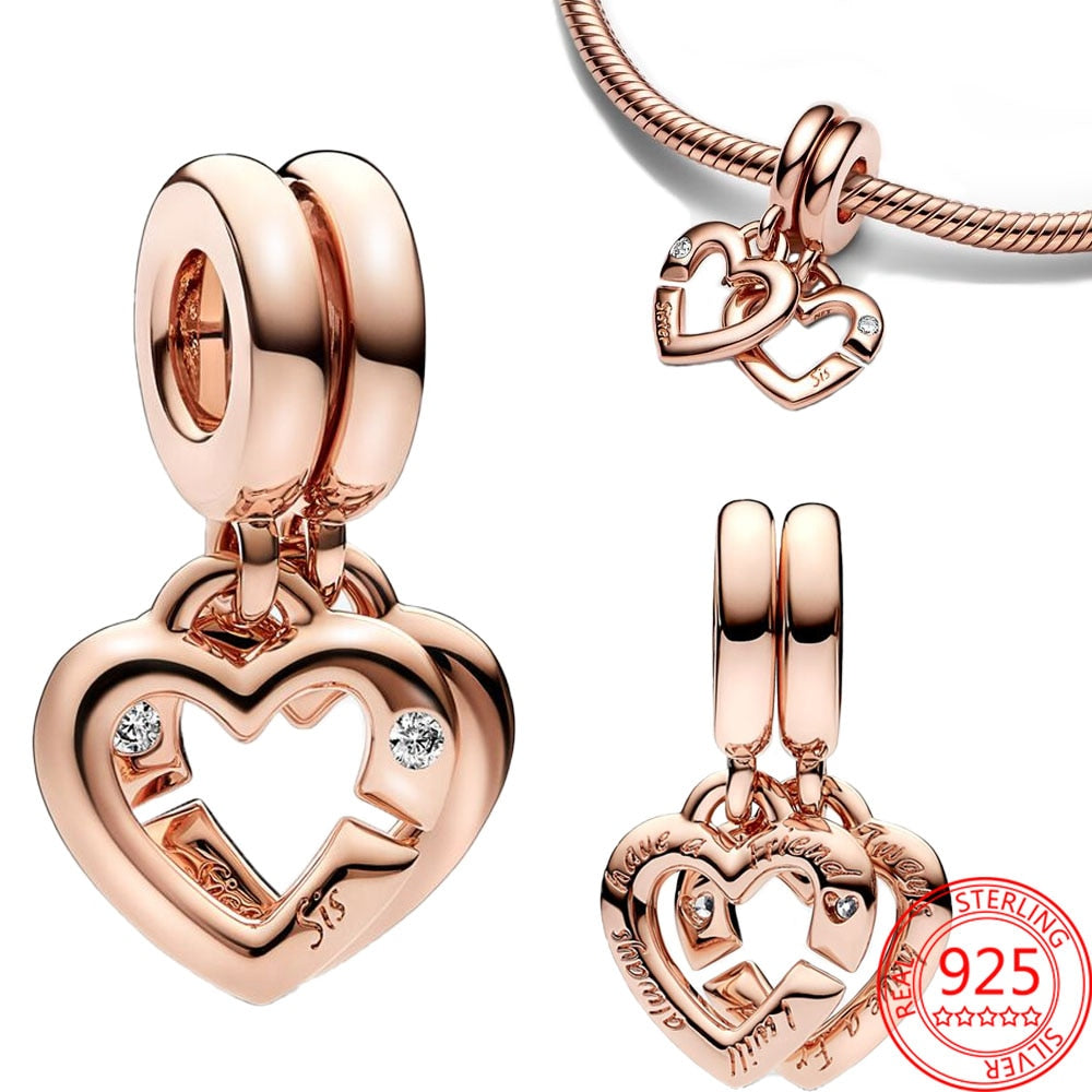 New 925 Sterling Silver Rose Gold Couple Dangle Charms Fit 925 Original Women Bracelet Beads Charm for Pendant Necklace Jewelry
