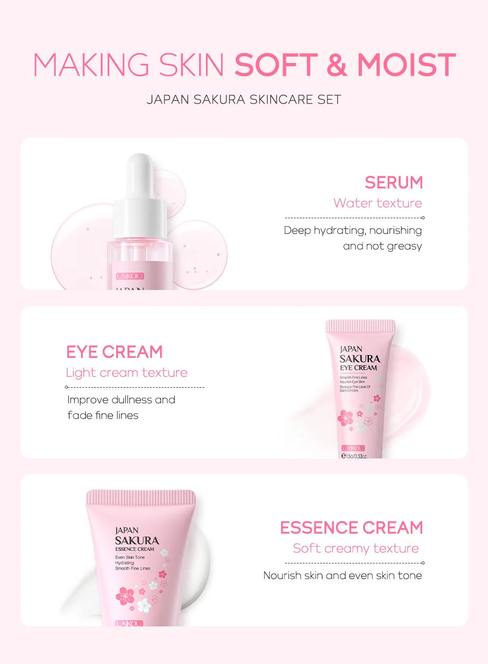 3pcs/set LAIKOU Vitamin C 24K Golden Sakura Skin Care Sets Face Cream Serum Eye Cream Moisturizing Face Care Kit