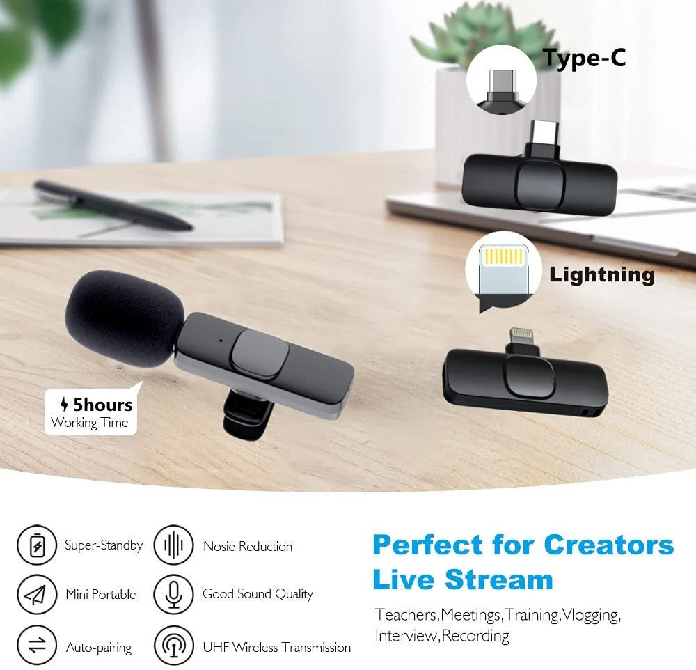 Wireless Lavalier Microphone Portable Audio Video Recording Mini Mic for iPhone Android Live Broadcast Gaming Phone Mic