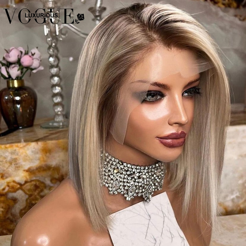 200% Density Ombre Ash Blonde Lace Front Wig Human Hair Remy Short Straight Bob Wig 613 HD Lace Frontal Wig 13x6 13x4 Swiss Lace