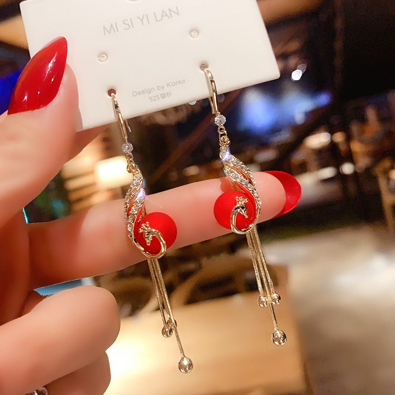 S925 Japan and South Korea new analog red peacock pearl tassel female earrings 2021 Spring Festival gift jewelry