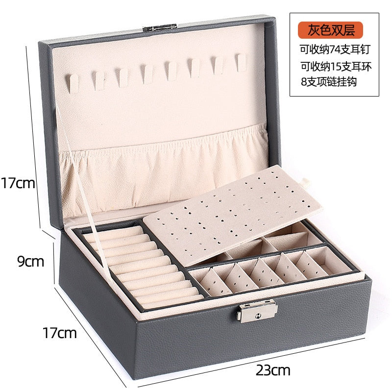 New Double-Layer Leather Jewelry Box Ear Stud Earrings Ornament Storage Box Multi-Function Large Jewelry Packaging Display
