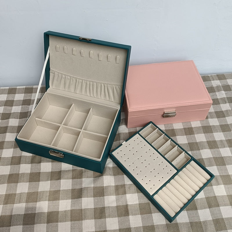 New Double-Layer Leather Jewelry Box Ear Stud Earrings Ornament Storage Box Multi-Function Large Jewelry Packaging Display