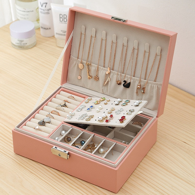 New Double-Layer Leather Jewelry Box Ear Stud Earrings Ornament Storage Box Multi-Function Large Jewelry Packaging Display