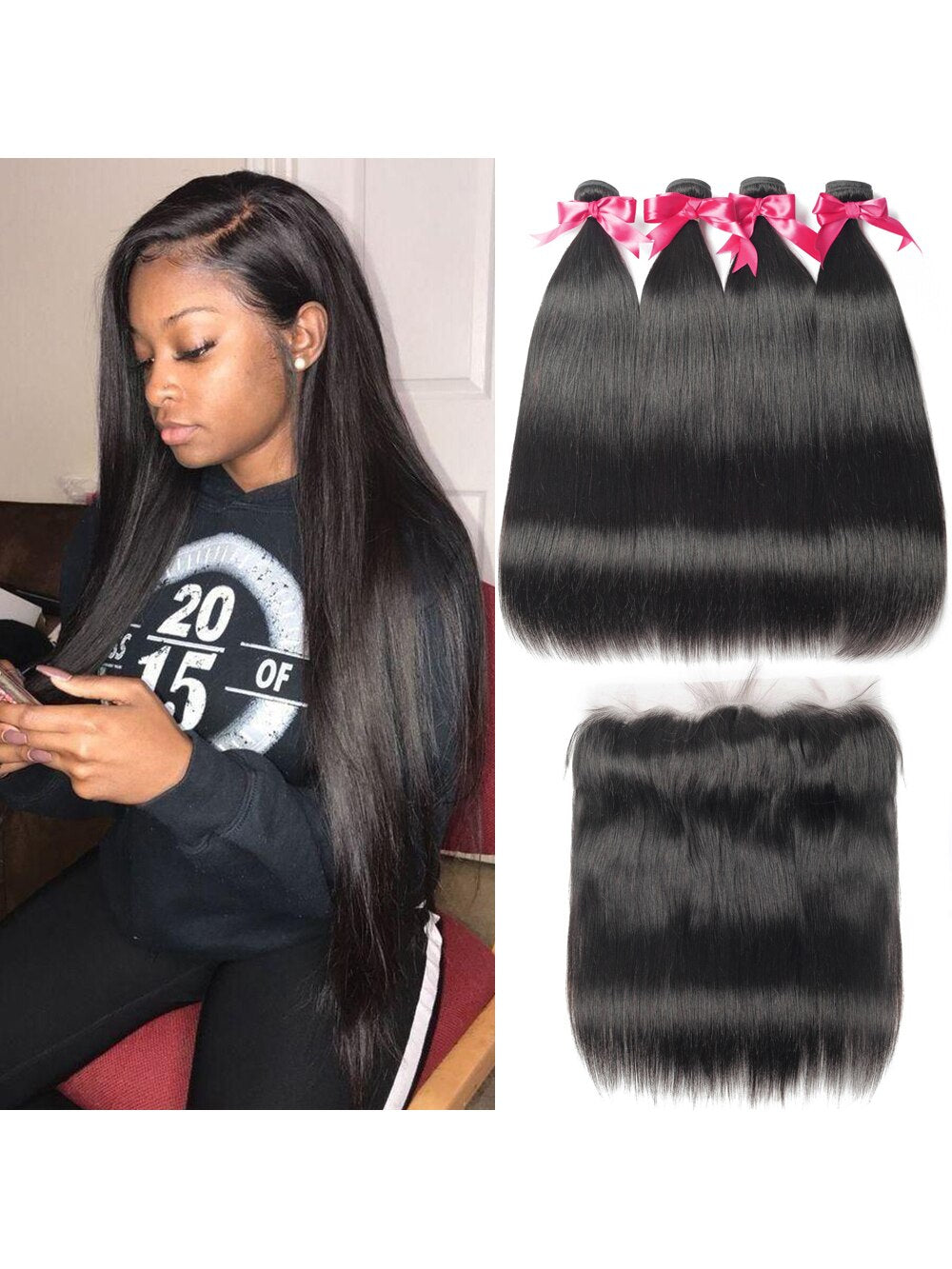 Straight Hair Bundles With Frontal 13x4 Lace Closure Brazilian Hair Weave Bundles 32 34 36 Human Hair 3 4 Bundles With Closure