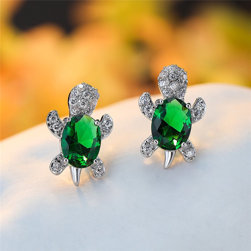 Blue Purple Oval Gradient Zircon Rainbow Stone Turtle Stud Earrings For Women Fashion Jewelry Multicolor Crystal Animal Earrings