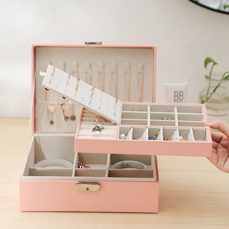 New Double-Layer Leather Jewelry Box Ear Stud Earrings Ornament Storage Box Multi-Function Large Jewelry Packaging Display