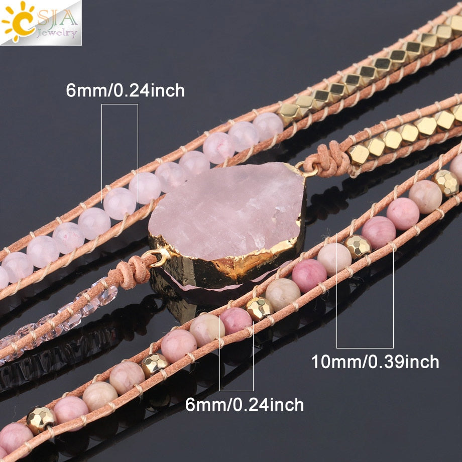 CSJA Natural Stone Bracelet Pink Quartz Leather Wrap Bracelets for Women Rose Gems Crystal Beads Bohemia Jewelry 5 Strand S308