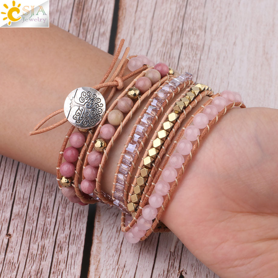 CSJA Natural Stone Bracelet Pink Quartz Leather Wrap Bracelets for Women Rose Gems Crystal Beads Bohemia Jewelry 5 Strand S308