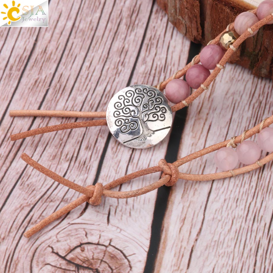 CSJA Natural Stone Bracelet Pink Quartz Leather Wrap Bracelets for Women Rose Gems Crystal Beads Bohemia Jewelry 5 Strand S308