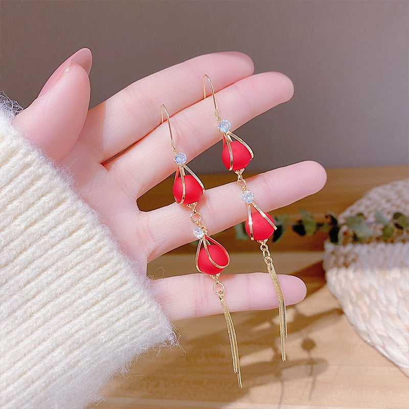 S925 Japan and South Korea new analog red peacock pearl tassel female earrings 2021 Spring Festival gift jewelry