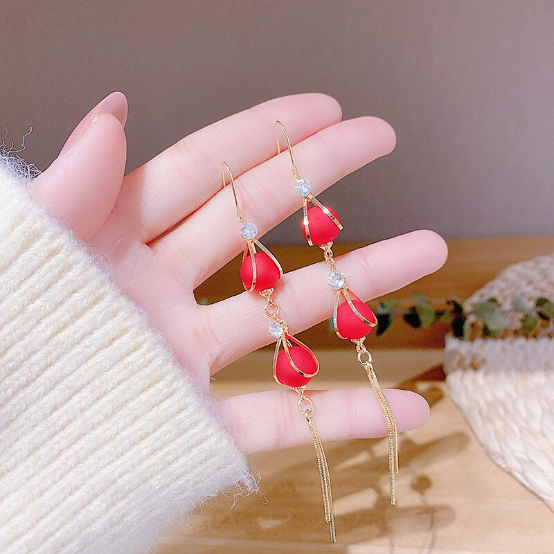 S925 Japan and South Korea new analog red peacock pearl tassel female earrings 2021 Spring Festival gift jewelry