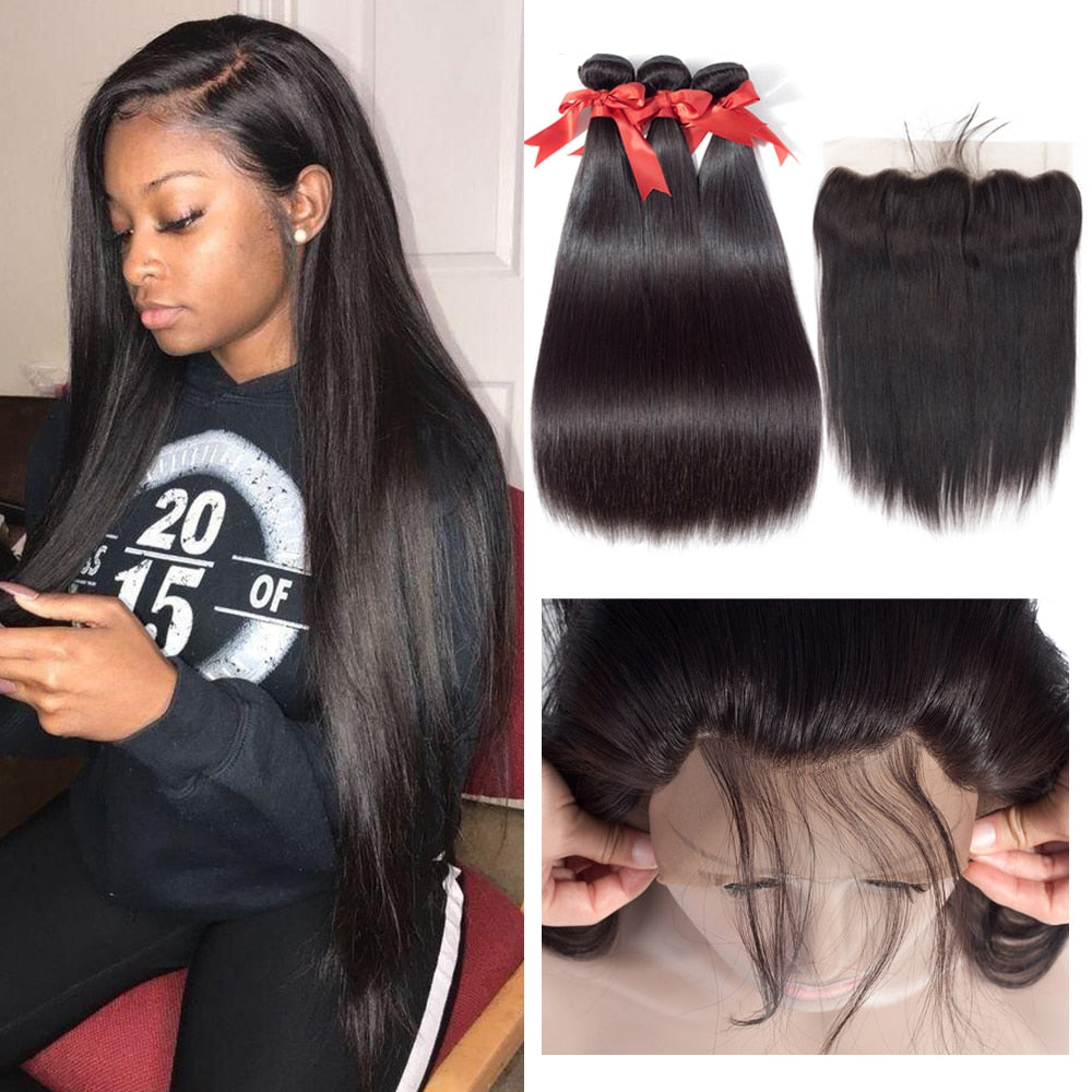 Straight Hair Bundles With Frontal 13x4 Lace Closure Brazilian Hair Weave Bundles 32 34 36 Human Hair 3 4 Bundles With Closure