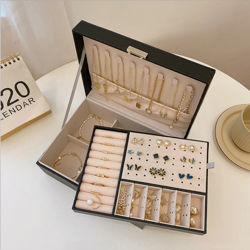 New Double-Layer Leather Jewelry Box Ear Stud Earrings Ornament Storage Box Multi-Function Large Jewelry Packaging Display