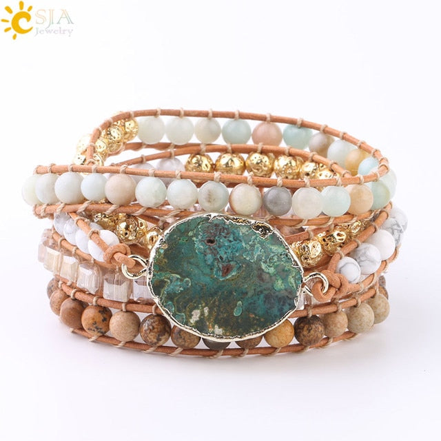 CSJA Natural Stone Bracelet Pink Quartz Leather Wrap Bracelets for Women Rose Gems Crystal Beads Bohemia Jewelry 5 Strand S308