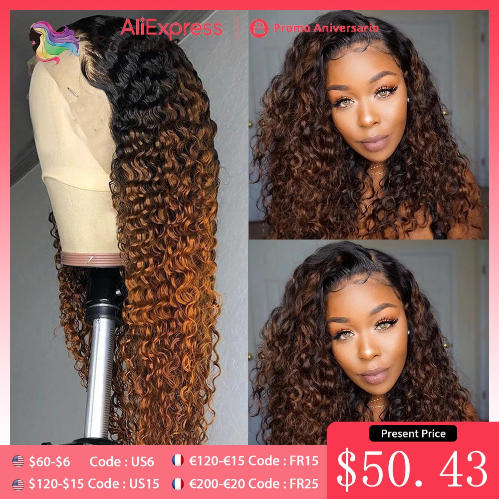 Ombre Curly Lace Front Human Hair Wigs For Women Bleached Knots Density180 Preplucked 13x4 Brazilian Hair Curly Lace Frontal Wig
