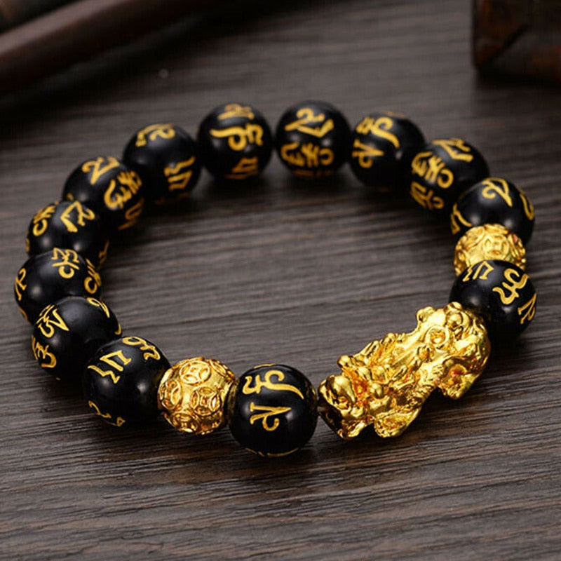 Stone Beads Bracelet Men Women Unisex Chinese Feng Shui Pi Xiu Obsidian Wristband Gold Wealth & Good Luck Pixiu Women Bracelets