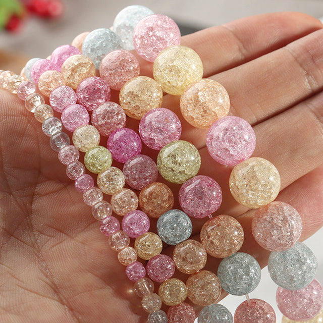 White Snow Cracked Crystal Beads 6/8/10mm Multicolor Round Loose Quartz Crystal Beads for Jewelry Making DIY Bracelet 15inch