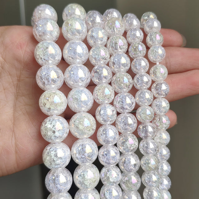 White Snow Cracked Crystal Beads 6/8/10mm Multicolor Round Loose Quartz Crystal Beads for Jewelry Making DIY Bracelet 15inch