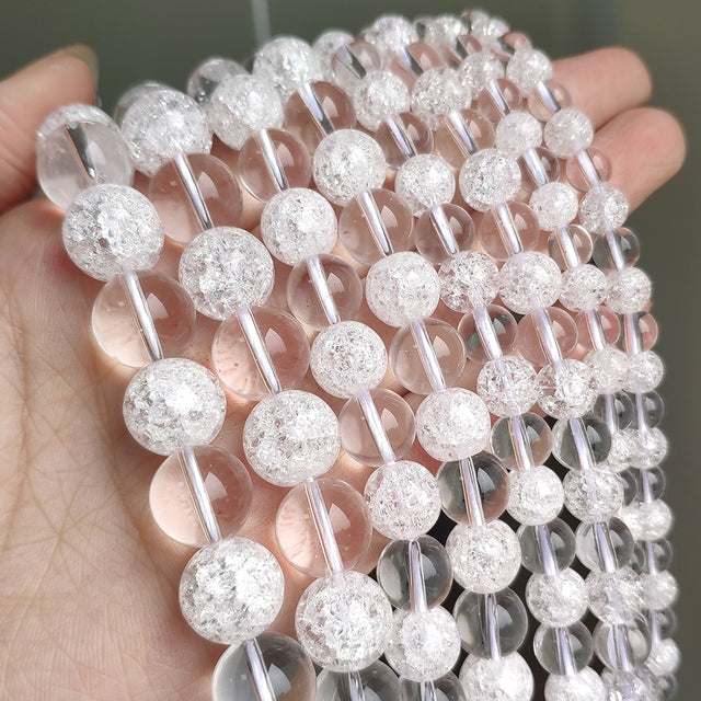 White Snow Cracked Crystal Beads 6/8/10mm Multicolor Round Loose Quartz Crystal Beads for Jewelry Making DIY Bracelet 15inch