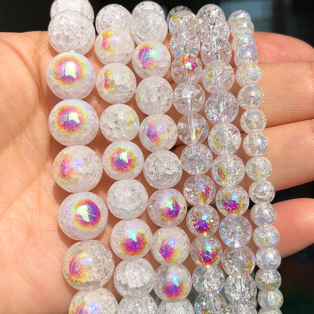 White Snow Cracked Crystal Beads 6/8/10mm Multicolor Round Loose Quartz Crystal Beads for Jewelry Making DIY Bracelet 15inch