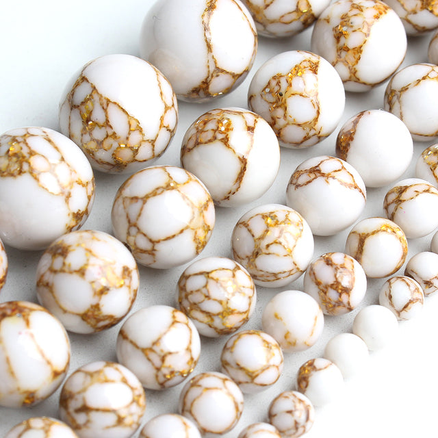 White Howlite Spun Gold Loose Stone Round Beads for Jewelry Making DIY Bracelet 15'' strand 4/6/8/10/12mm