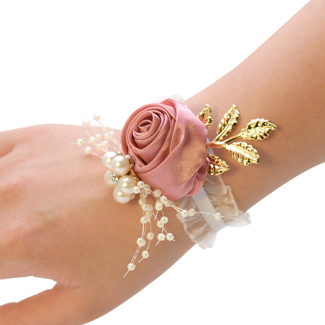 Girls Bridesmaid Wrist Flowers Wedding Prom Party Boutonniere Satin Rose Bracelet Fabric Hand Flowers Wedding Supply Accessories