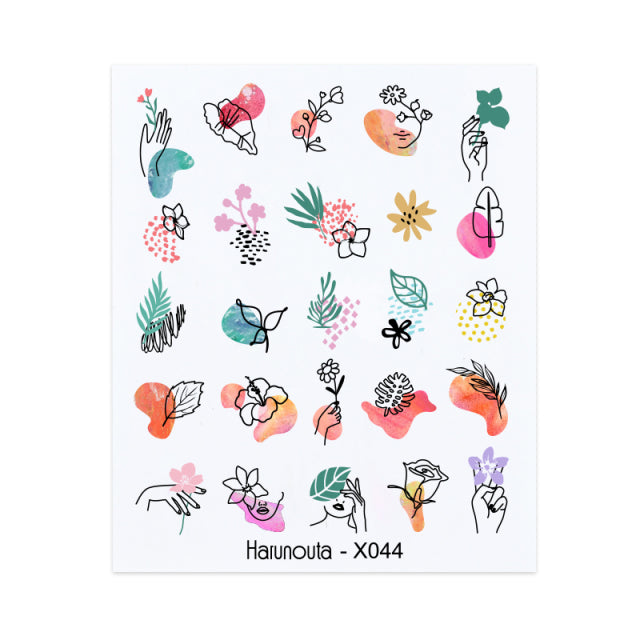 Harunouta Black Lines Flower Leaves Water Decals Stickers Floral Face Marble Pattern Slider For Nails Summer Nail Art Decoration