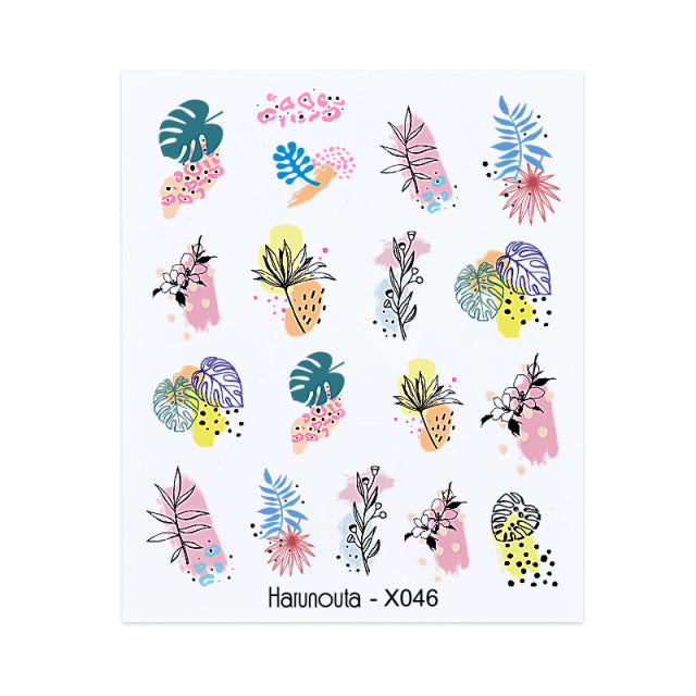 Harunouta Black Lines Flower Leaves Water Decals Stickers Floral Face Marble Pattern Slider For Nails Summer Nail Art Decoration