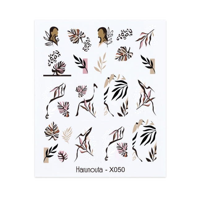 Harunouta Black Lines Flower Leaves Water Decals Stickers Floral Face Marble Pattern Slider For Nails Summer Nail Art Decoration