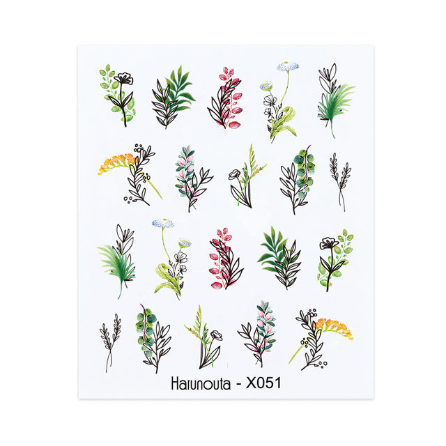 Harunouta Black Lines Flower Leaves Water Decals Stickers Floral Face Marble Pattern Slider For Nails Summer Nail Art Decoration