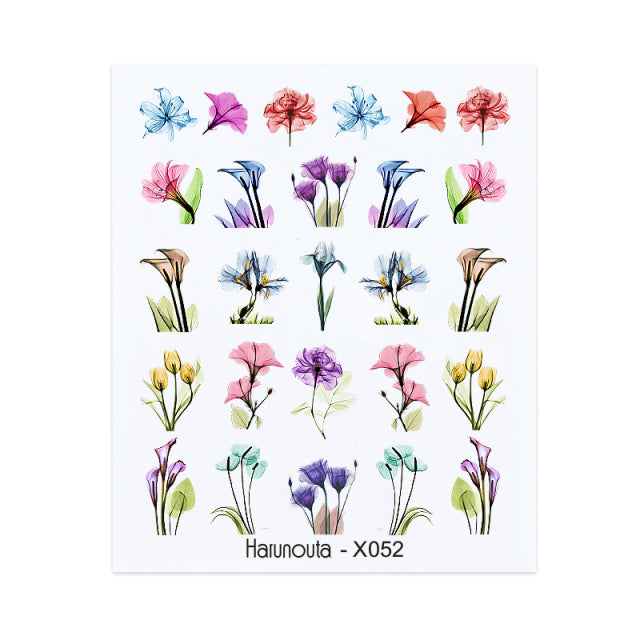 Harunouta Black Lines Flower Leaves Water Decals Stickers Floral Face Marble Pattern Slider For Nails Summer Nail Art Decoration