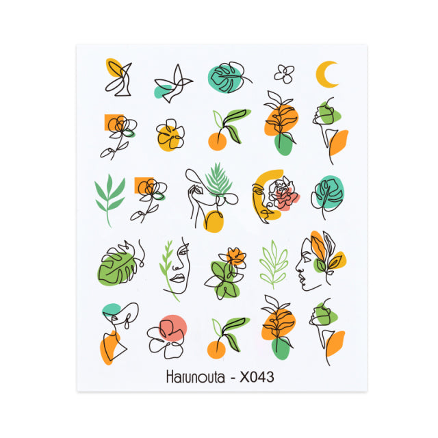 Harunouta Black Lines Flower Leaves Water Decals Stickers Floral Face Marble Pattern Slider For Nails Summer Nail Art Decoration