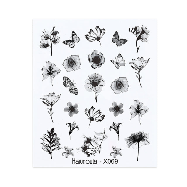 Harunouta Black Lines Flower Leaves Water Decals Stickers Floral Face Marble Pattern Slider For Nails Summer Nail Art Decoration