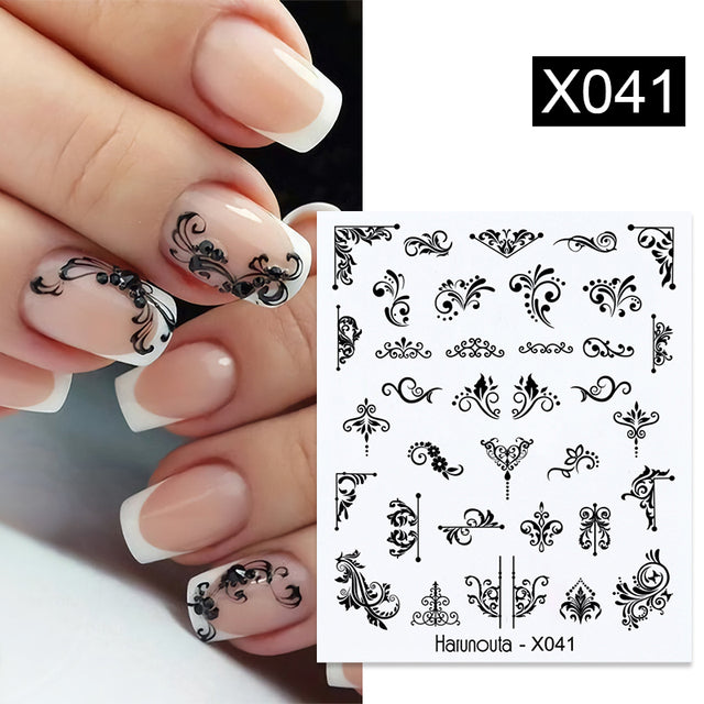 Harunouta Black Lines Flower Leaves Water Decals Stickers Floral Face Marble Pattern Slider For Nails Summer Nail Art Decoration