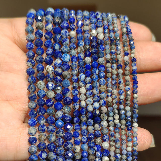 Natural Lapis Lazuli Bead Faceted Blue Stone Round Loose DIY Beads for Jewelry Making Handmade Bracelet 15inch 2/3/4mm