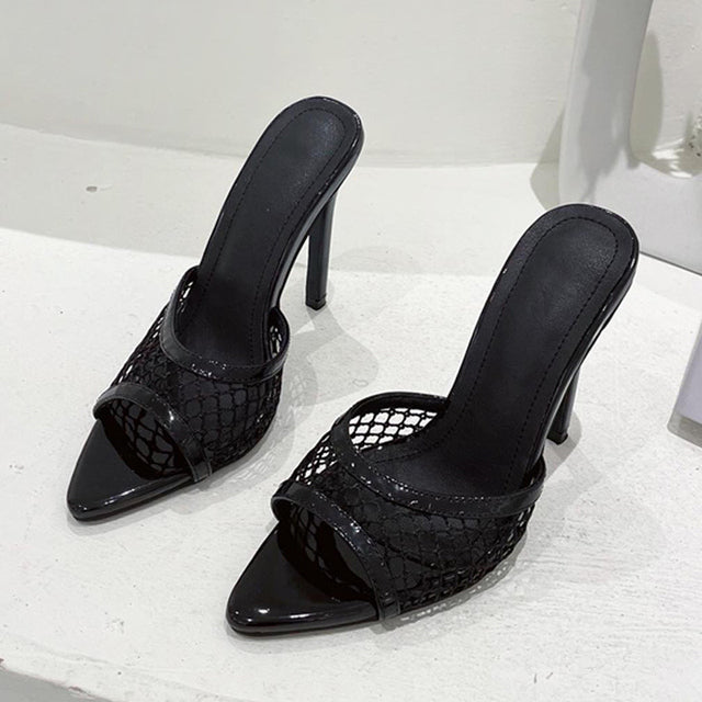 New Sexy Pointed Toe Thin High Heels Pumps Green Mesh Slippers Summer Fashion Slip On Slides Women Mules Party Shoes Sandals