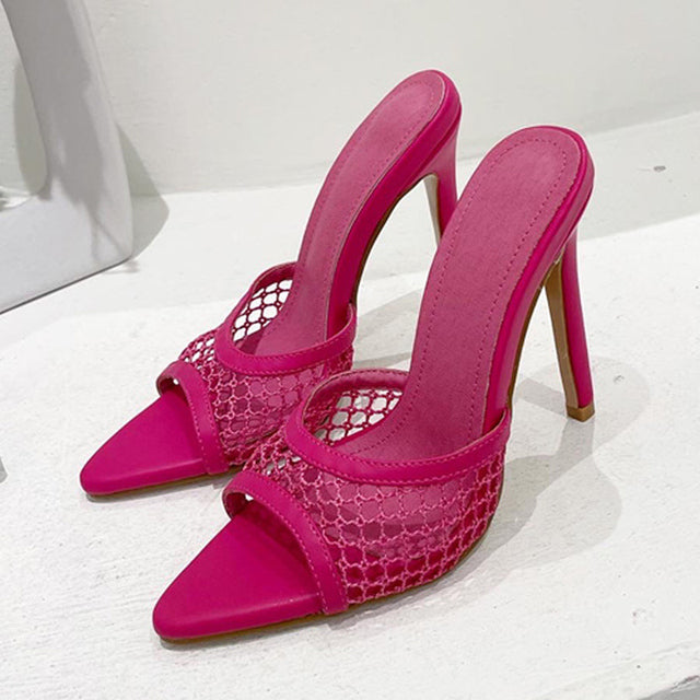 New Sexy Pointed Toe Thin High Heels Pumps Green Mesh Slippers Summer Fashion Slip On Slides Women Mules Party Shoes Sandals