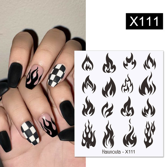Harunouta Black Lines Flower Leaves Water Decals Stickers Floral Face Marble Pattern Slider For Nails Summer Nail Art Decoration