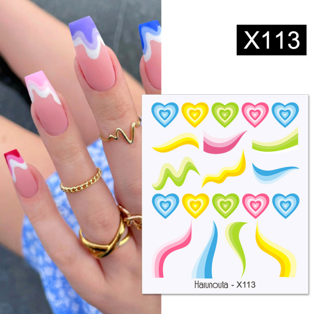 Harunouta Black Lines Flower Leaves Water Decals Stickers Floral Face Marble Pattern Slider For Nails Summer Nail Art Decoration
