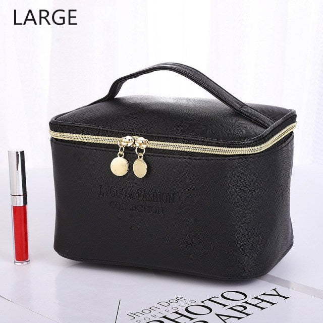 PURDORED 1 Pc Large Women Cosmetic Bag PU Leather Waterproof Zipper Make Up Bag Travel Washing Makeup Organizer Beauty Case
