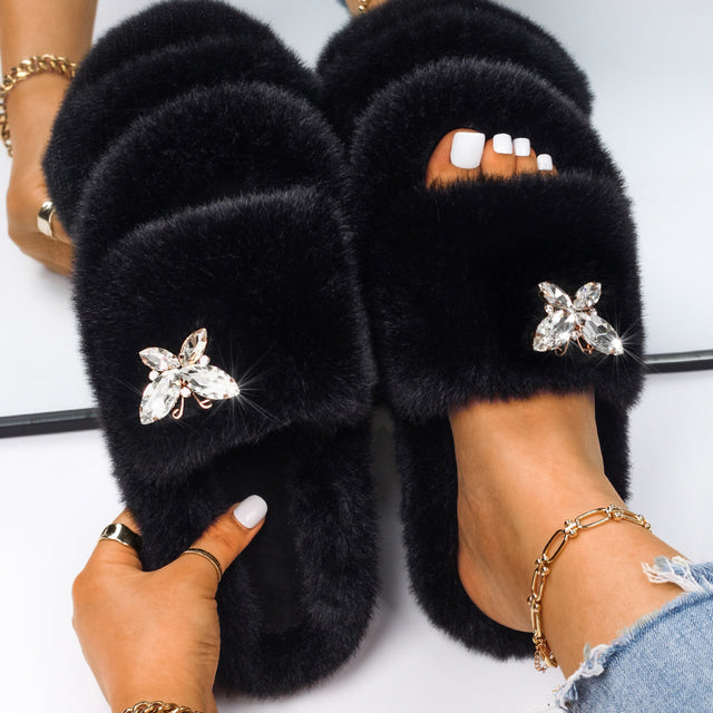 Fluffy Slippers Rhinestone Butterfly Faux Fur Slides Women Sandals Platform Flip Flops Custom Indoor Slippers Luxury Flat Shoes