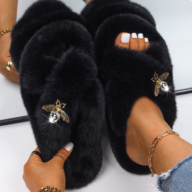 Fluffy Slippers Rhinestone Butterfly Faux Fur Slides Women Sandals Platform Flip Flops Custom Indoor Slippers Luxury Flat Shoes