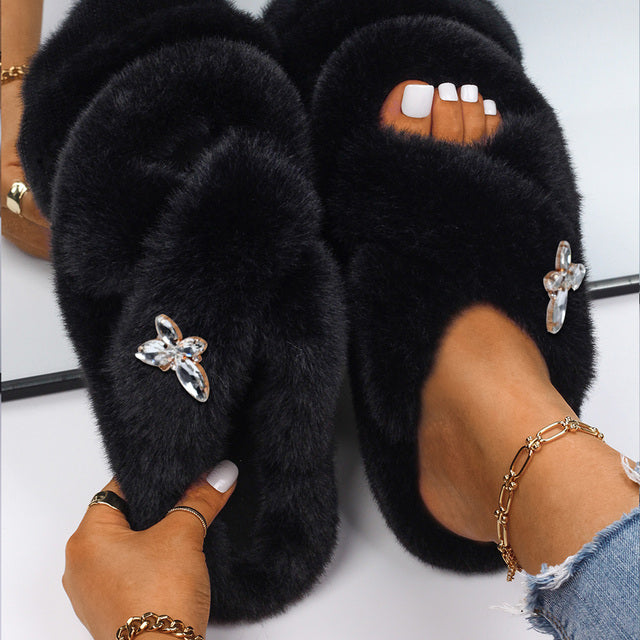 Fluffy Slippers Rhinestone Butterfly Faux Fur Slides Women Sandals Platform Flip Flops Custom Indoor Slippers Luxury Flat Shoes