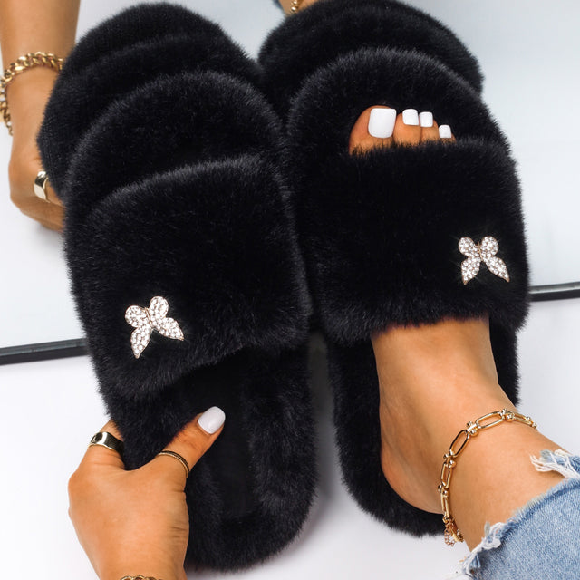 Fluffy Slippers Rhinestone Butterfly Faux Fur Slides Women Sandals Platform Flip Flops Custom Indoor Slippers Luxury Flat Shoes